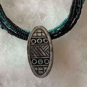 Beautiful Aztec-Spiritual-themed turquoise & black pendant necklace